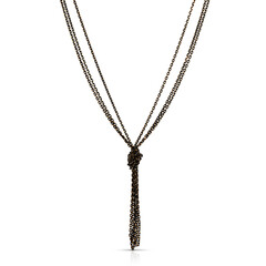 Golden jewelry necklace with a delicate chain and a pendant, isolated on a white background
