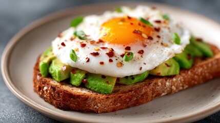 An appetizing dish featuring a slice of toast topped with creamy avocado and a perfectly cooked sunny side up egg, garnished with spices for added flavor.