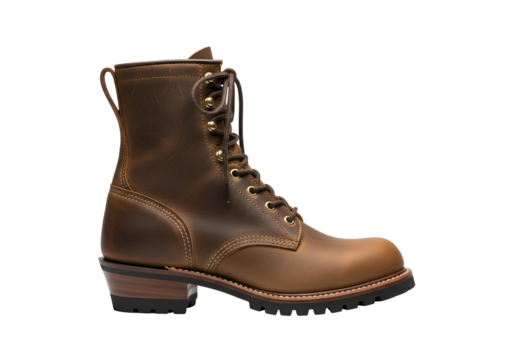 Brown Leather Work Boot with Laces and Heel Side View.