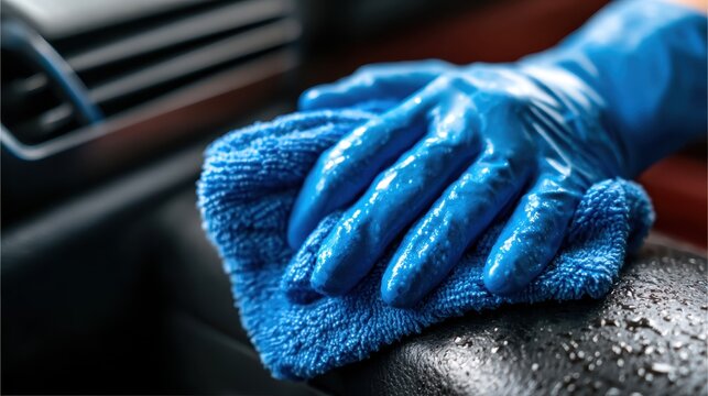 A close-up view of a gloved hand using a blue microfiber cloth to meticulously clean the inside of a car, highlighting attention to detail and cleanliness.