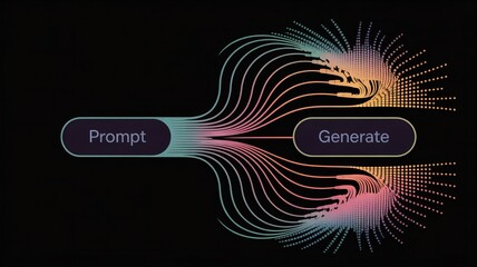 Abstract data flow visualization showing prompt to generate process with colorful lines and dots