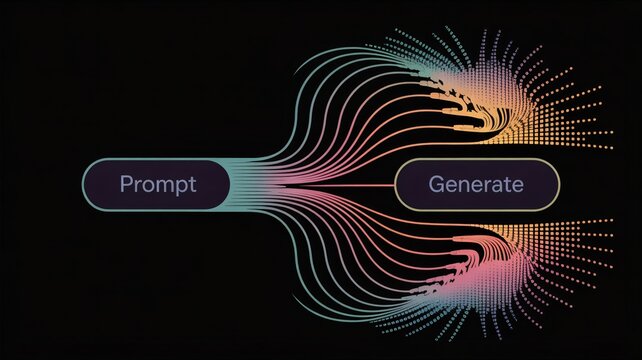 Abstract data flow visualization showing prompt to generate process with colorful lines and dots