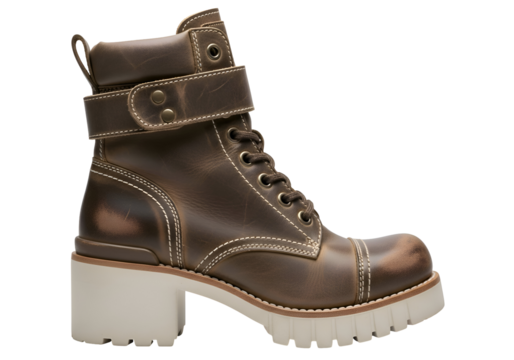 Brown Leather Ankle Boot with Buckle and Platform Sole.