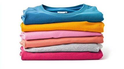 Stack of neatly folded colorful t-shirts, isolated on a pure white background, retail,