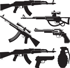 Assortment of Firearms Including Rifles Pistols and Grenade Silhouettes handgun