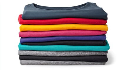 Stack of neatly folded colorful t-shirts, isolated on a pure white background, retail,