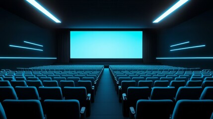 Naklejka premium Empty Cinema Hall with Blue Seats and Screen, Movie ,Theater