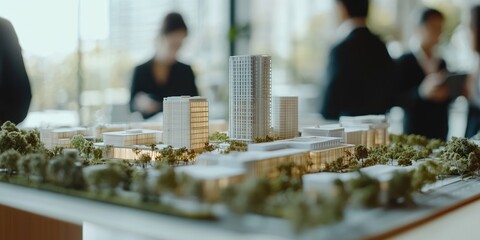 City model displayed, people in background