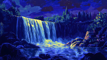 Stunning waterfall illuminated by bright light creating a magical scene in a lush natural setting