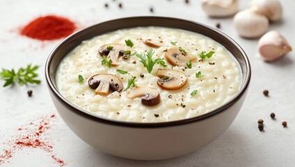 Creamy mushroom risotto in a bowl