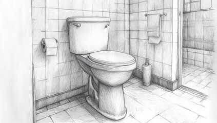 Detailed pencil sketch of a bathroom with a toilet.  A grayscale perspective drawing of a standard toilet in a tiled bathroom.  
