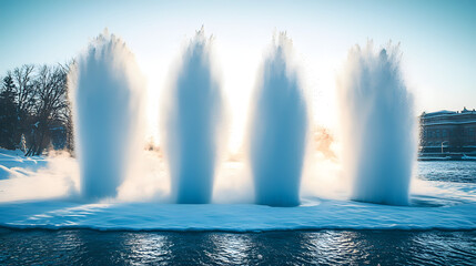 Elegant fountain surrounded by snow in a winter scene with sparkling water and a calm atmosphere