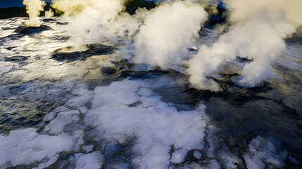 Snow-covered steam plant surrounded by a winter wonderland with billowing steam and frosty landscape