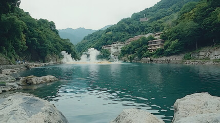Serene river flowing gently with a majestic waterfall cascading down rocks in a lush green landscape