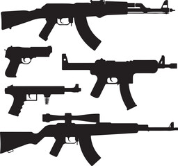 Collection of five black firearm silhouettes including rifles and pistols on white weapon