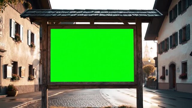 A blank green screen billboard with a wooden frame on a wet street in a picturesque European village.