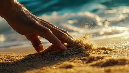 A hand reaching into golden sand at sunset on a beach