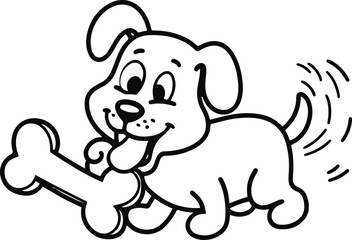 cute cartoon-style line art of a dog eating a bone, thick outlines, black and white, consistent size, isolated 1