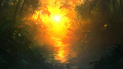 Mysterious jungle illuminated by bright light shining from above creating an enigmatic atmosphere