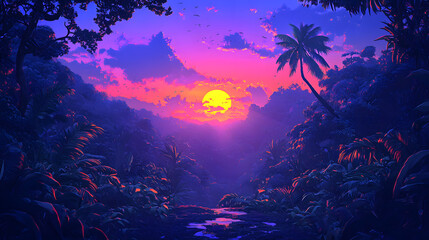 Breathtaking sunset in the heart of the jungle with vibrant colors and a tranquil atmosphere