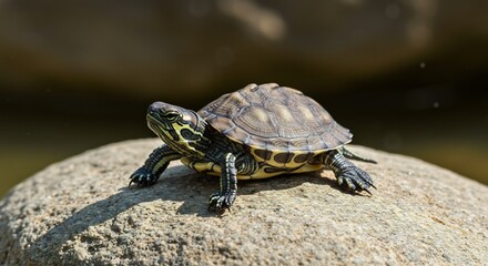 Obraz premium 小さな亀 太陽光浴び 温かく岩の上で休息. AI Generated