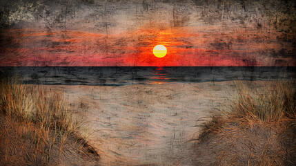 Majestic sunset over a serene beach creating a beautiful silhouette against a colorful sky