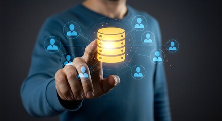 A person's hand points to a glowing, digital database icon, connected by lines to user icons, representing concepts of data management, big data, and customer relationship management