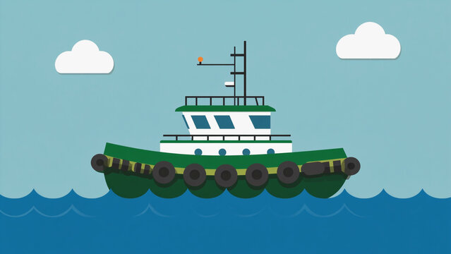 Green Towboat Floating on Blue Water with White Clouds Flat Graphic - Powered by Adobe
