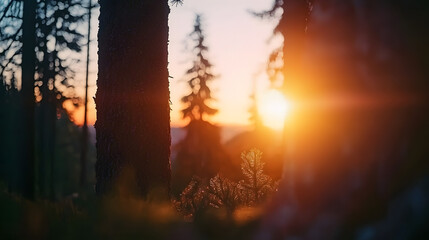 Majestic sunset filtering through tall trees creating a spectacular view of nature's beauty