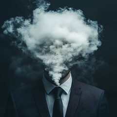 A man in a business suit with his head replaced by swirling white smoke photo