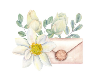 White blooming lotus with buds, eucalyptus and sealed envelope watercolor illustration on isolated background. Romantic vintage composition with flowers and paper letter for Valentine Day invitation.