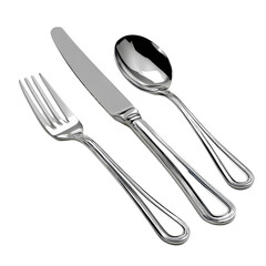 A silverware set featuring a polished spoon and fork arranged neatly, isolated on transparent background