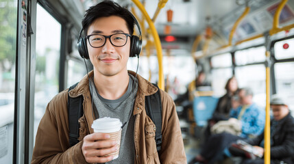 Asian man wearing headphones, holding a coffee cup, and standing on a bus. People sitting in the background. Student or commuter taking public transport, bus.