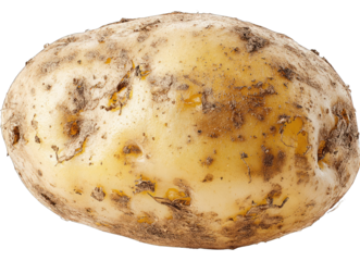 Close-up of a single, unpeeled potato, pale yellow with brown blemishes and markings