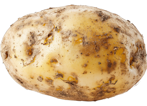 Close-up of a single, unpeeled potato, pale yellow with brown blemishes and markings