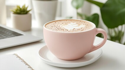 Pink coffee cup with latte art on a white table, beside a laptop and plants