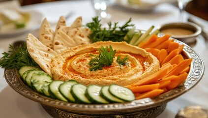 A large, ornate bowl of hummus, pita, and vegetables