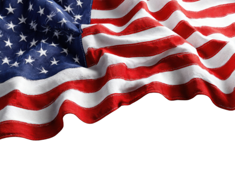 Close-up of an American flag billowing, with a dark background - Powered by Adobe