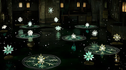 Serene room adorned with numerous beautiful water lilies floating on still and reflective water