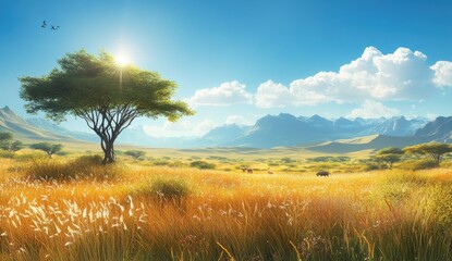 Sunny savanna landscape with acacia tree.  Vast golden grasslands stretching to distant mountains.  Bright sunlight highlights a lone acacia tree.  A few grazing animals are visible in the distance.  