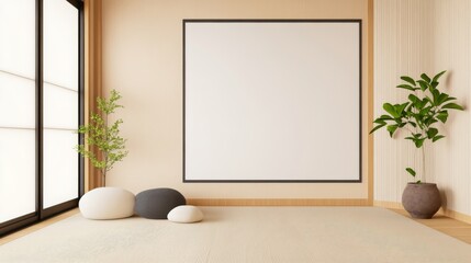Fototapeta premium Minimalist Japanese Room with Blank Poster Frame and Plants, Interior ,Decor