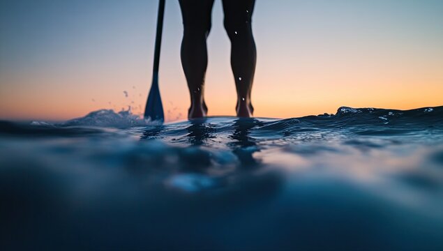 Silhouette of person paddleboarding at sunrise, seen from below water's surface