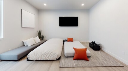 Minimalist Living Room with Floor Beds, Orange Pillows and TV,interior ,design