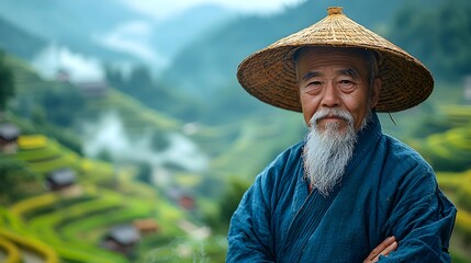 Fototapeta premium Miao Elder Sounding Ceremonial Buffalo Horn at Dusk Rice Terraces, Straw Rain Hat, Breath Vapor in Haze