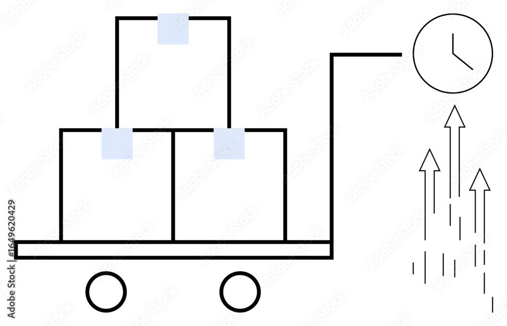 Poster cart carrying stacked boxes symbolizes speedy delivery with progress arrows and clock. ideal for shi