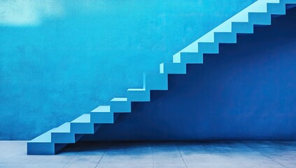 Light-blue steps ascend a textured, vibrant-blue wall