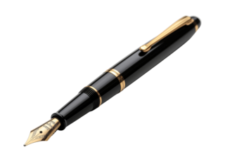 Elegant Black Fountain Pen with Golden Nib - Transparent Background