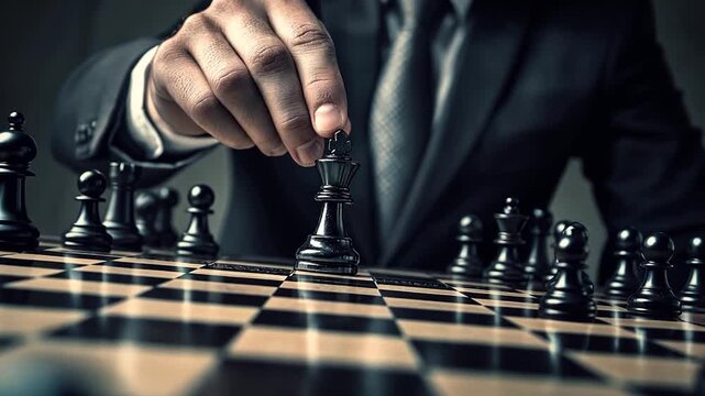 A hand moves a king piece in a chess game, showcasing strategy and focus.