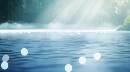 Serene lake surrounded by lush green trees under a clear blue sky with reflections on water
