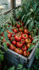 A wooden crate filled with ripe red tomatoes surrounded by green tomato plants